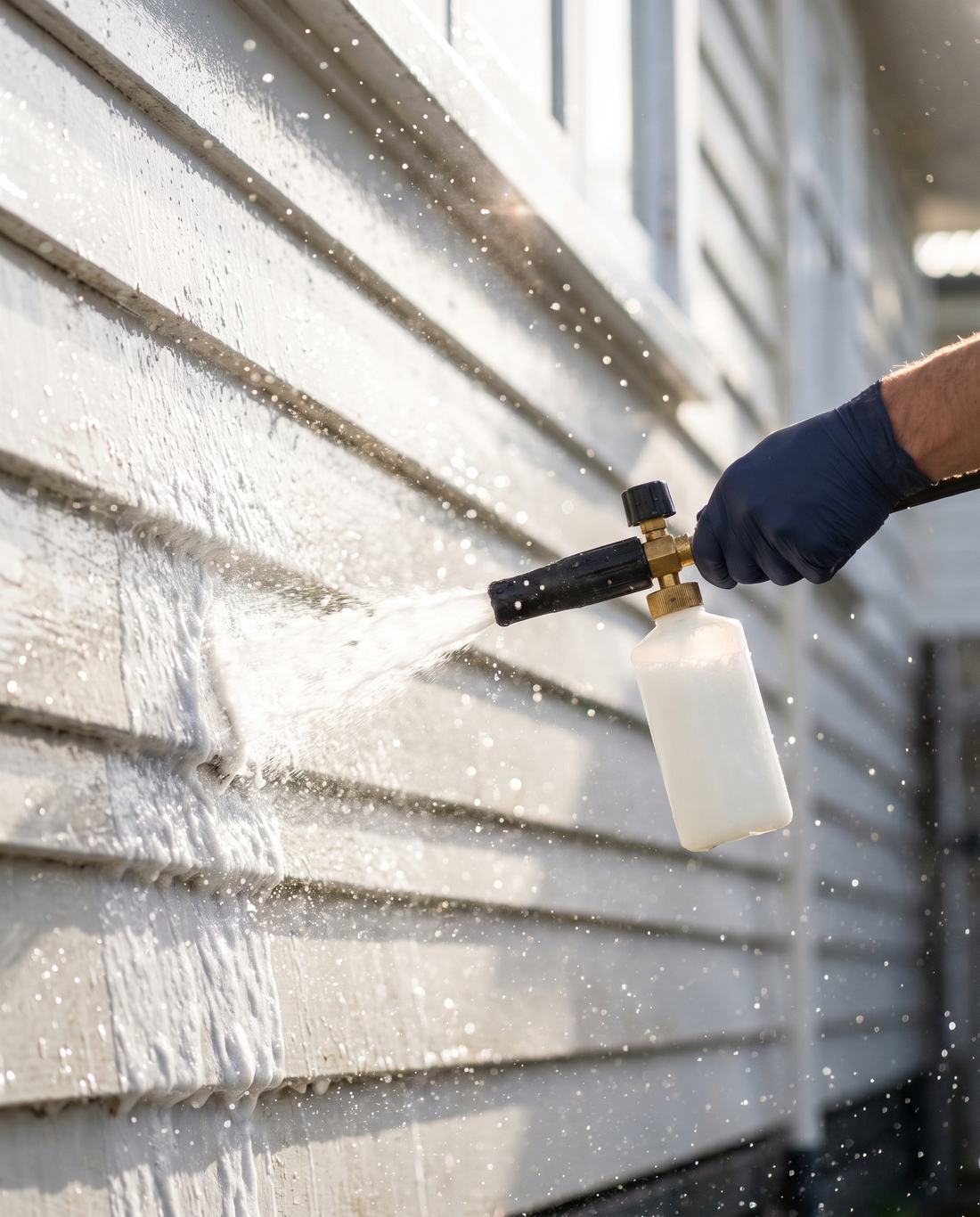Soft wash foam being applied to painted weatherboards