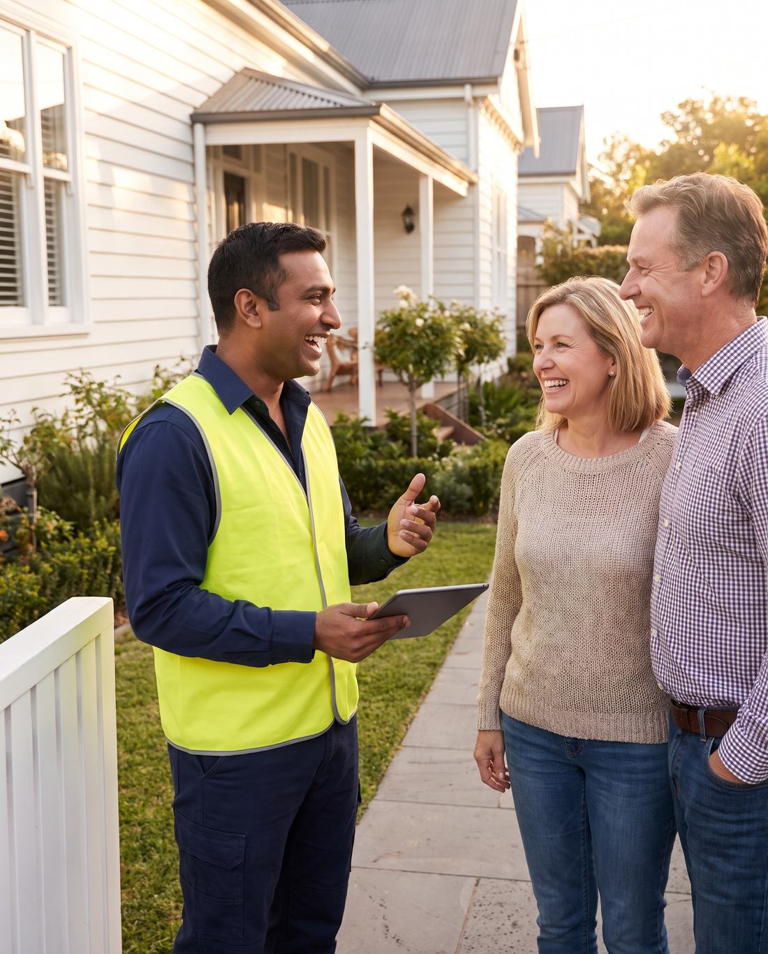 Washing technician talking with homeowners outside a clean weatherboard house